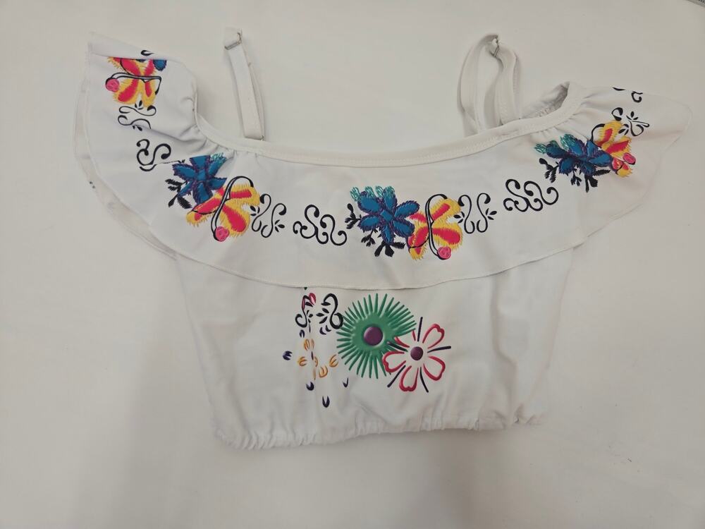 AmzBarley Girls 140 Floral Embroidered Ruffle Swimsuit Bikini Top White Kids